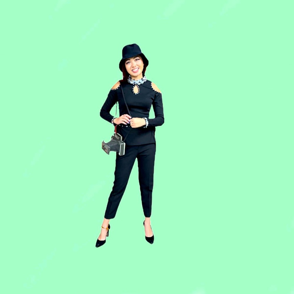 Size S Black Knit Peplum Key Hole Cut Outs Adorned with Opalescent Beading Party